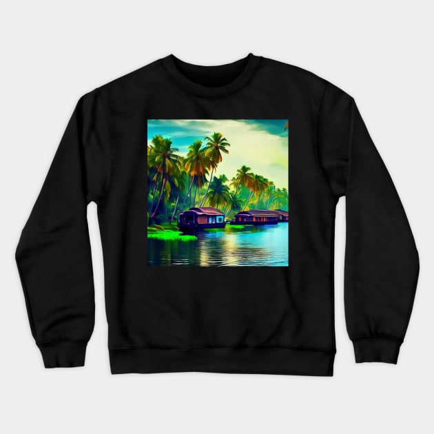 Elegant Kerala natural landscape of coconut trees sunset sky river and houseboat Crewneck Sweatshirt by Mandalasia